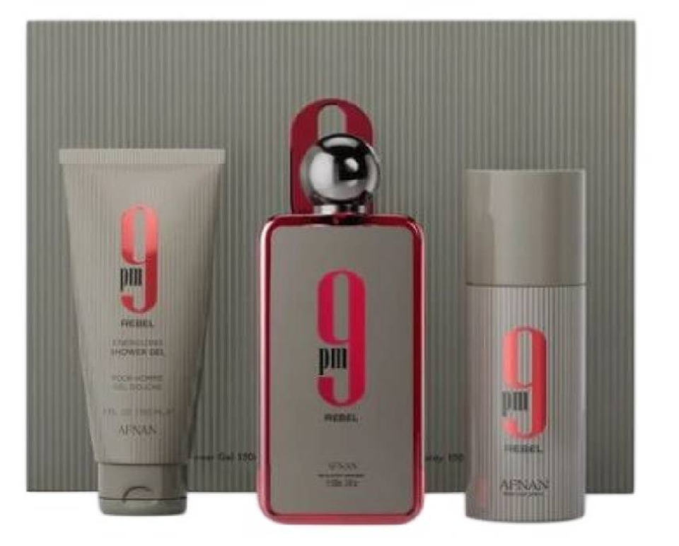 AFNAN - 9 PM REBEL 3PC SET ( 3.4 EDP + 5.0 SG + 5.0 DEO SPRAY ) ( M )