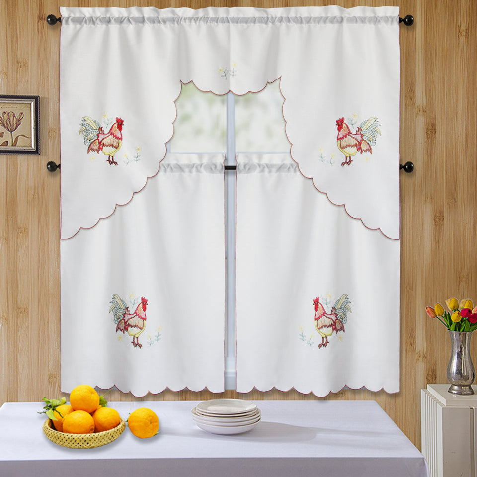 3Pc Rod Pocket Embroidered Kitchen Curtain Set With Swag Valance Bathroom Window Curtains 36 Inch Length