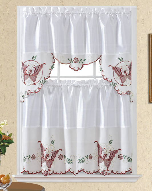 Bt504-White/Burg. Polyester Kitchen Curtain