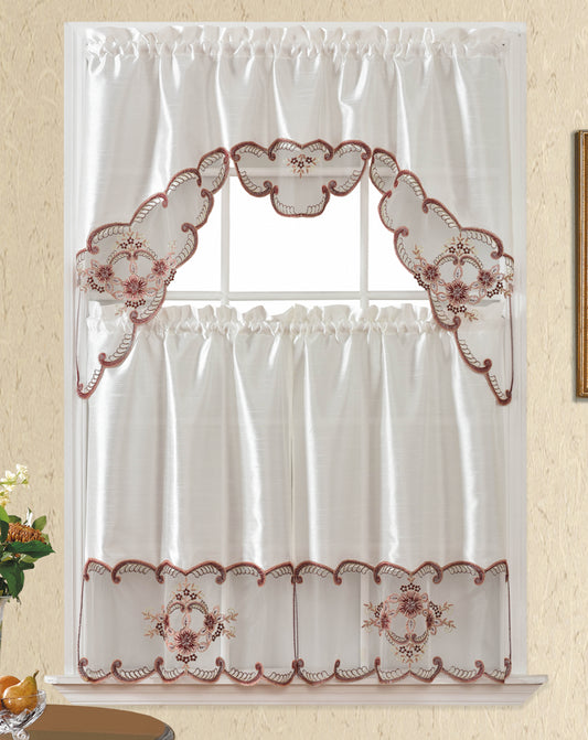 Bt526-White/Burg. Polyester Kitchen Curtain