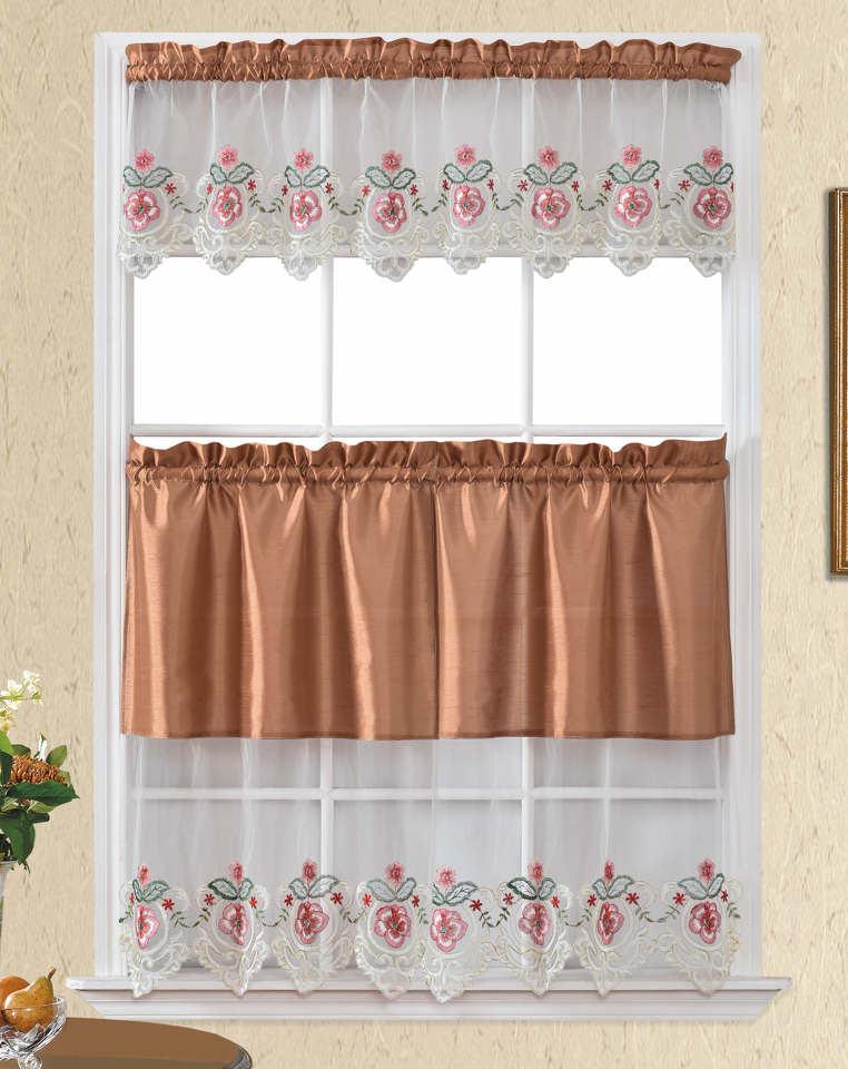 Bt466-Taupe/Red Polyester Kitchen Curtain