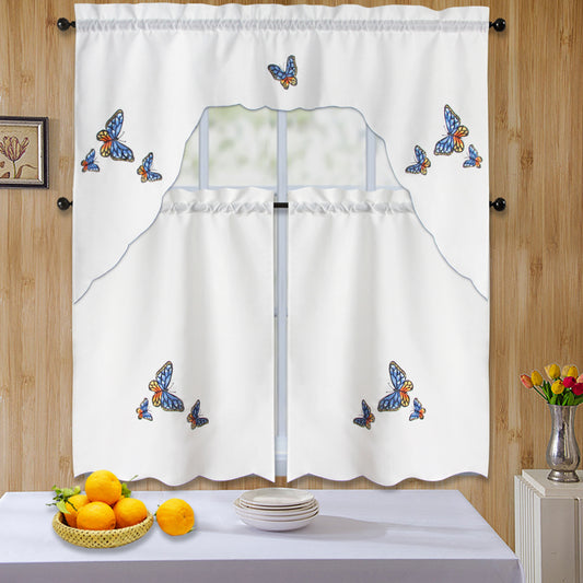 3pc Rod Pocket Embroidered Kitchen Curtain Set With Swag Valance Bathroom Window Curtains 36 Inch Length