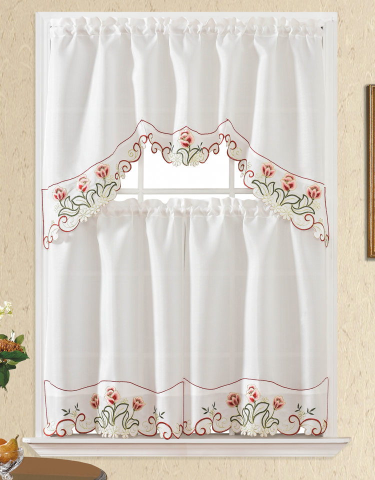 3Pc Embroidered Rod Pocket Kitchen Curtain Light Filtering Tier And Valance